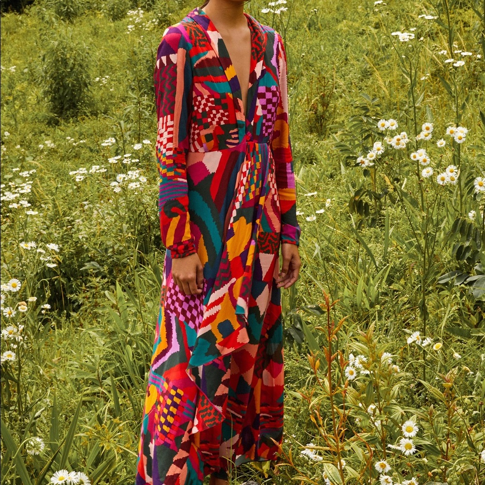 NWT Farm Rio red abstract patch maxi dress